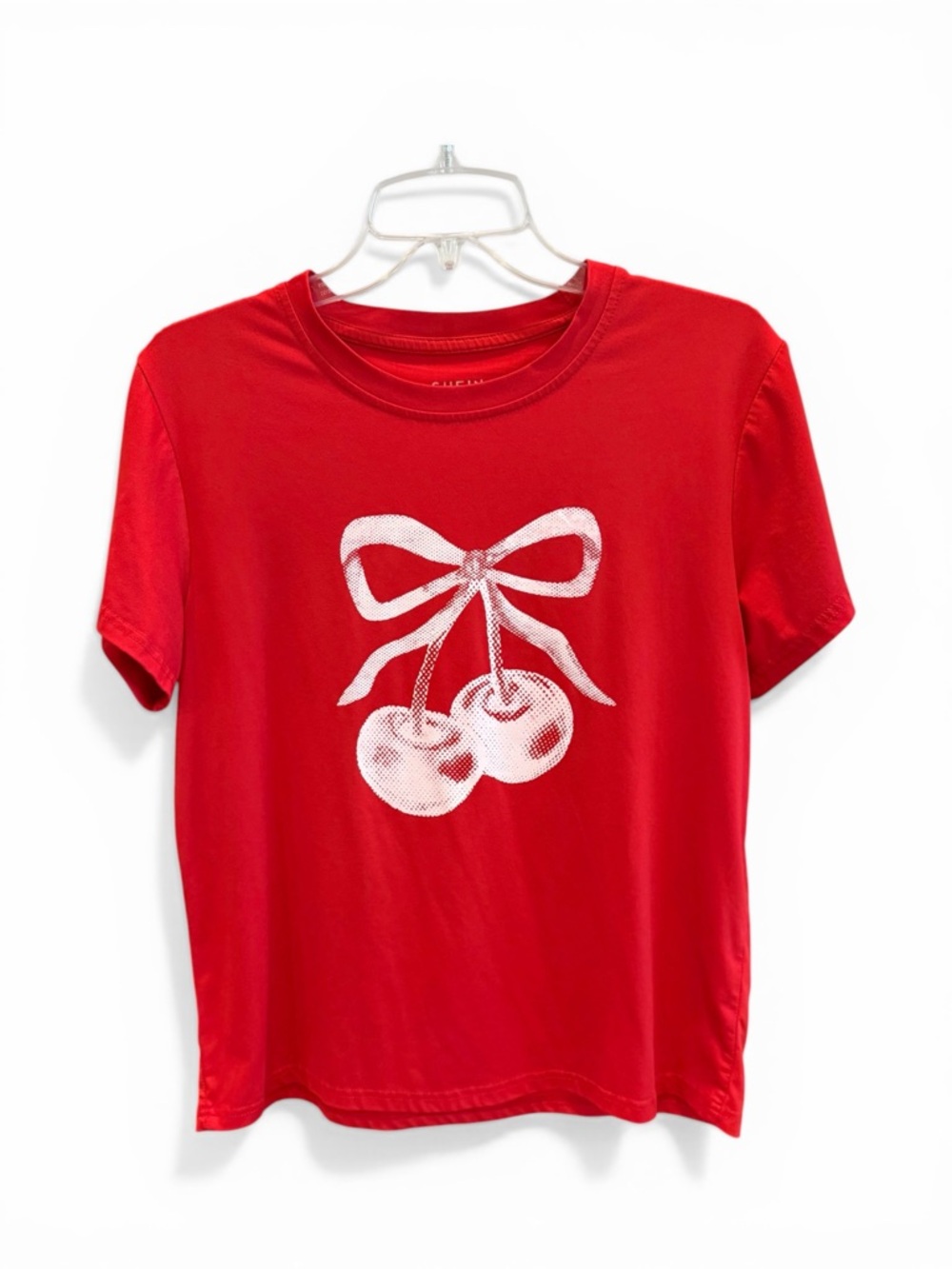 SHEIN Red Short Sleeve Tee with White Cherry Bow Graphic